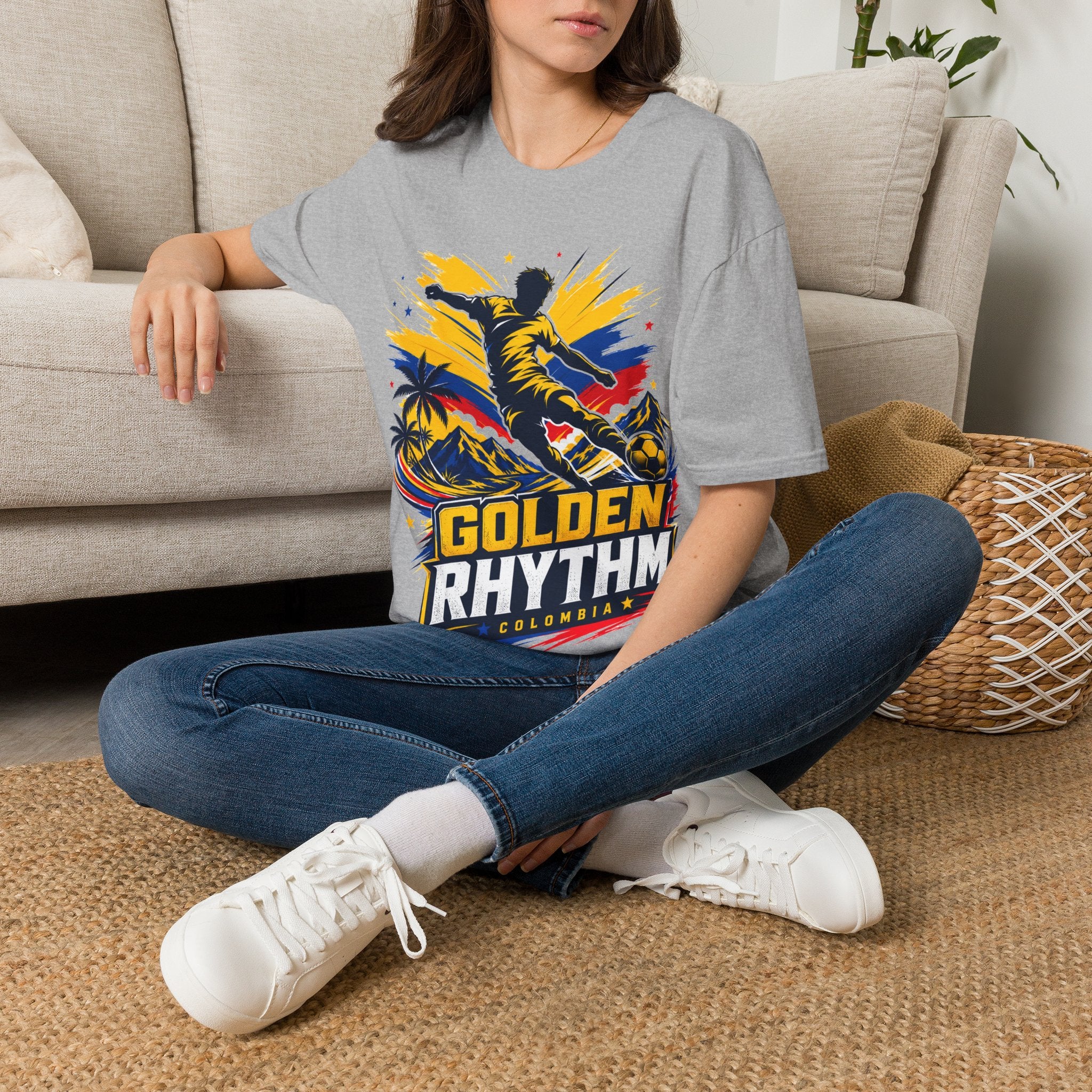 Columbia Soccer Player Graphic T-Shirt — "Golden Rhythm" Vibrant Beach Soccer Tee