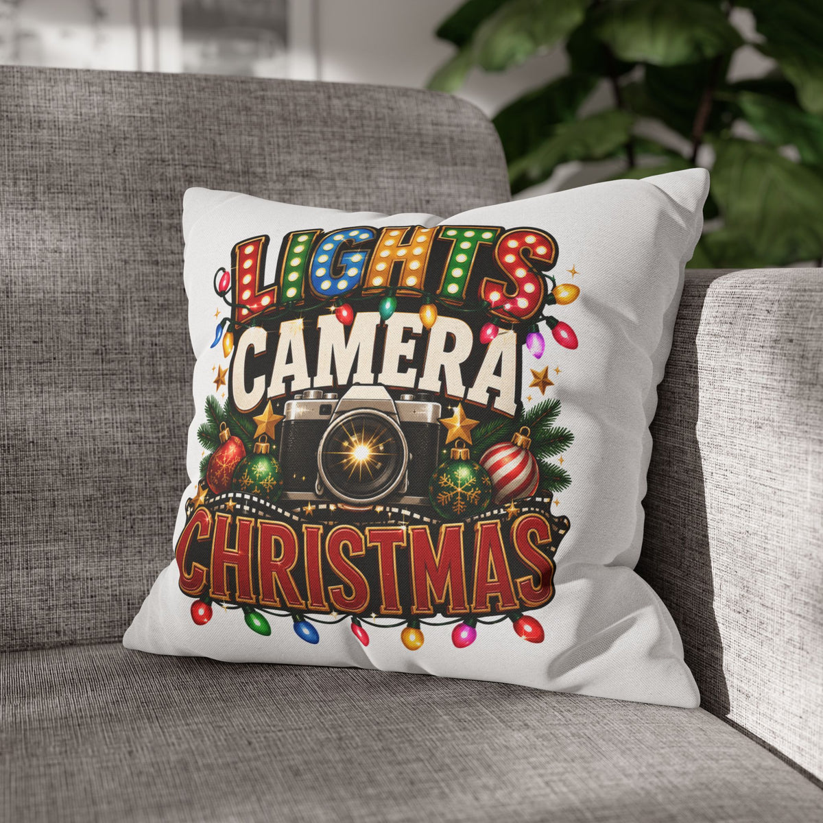 Christmas Photographer Pillowcase – “Lights Camera Christmas” Decorative Throw Pillow