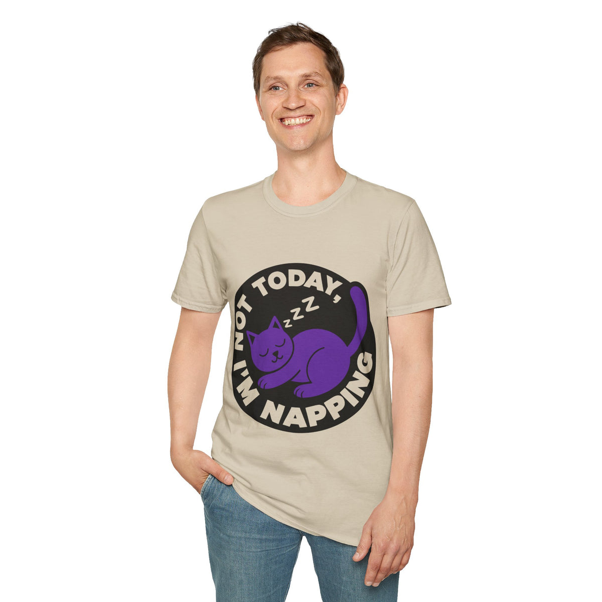 Not Today I'm Napping Purple Cat Tee - Funny Sleeping Kitten Badge Graphic T-Shirt - Trending Now - September 2026