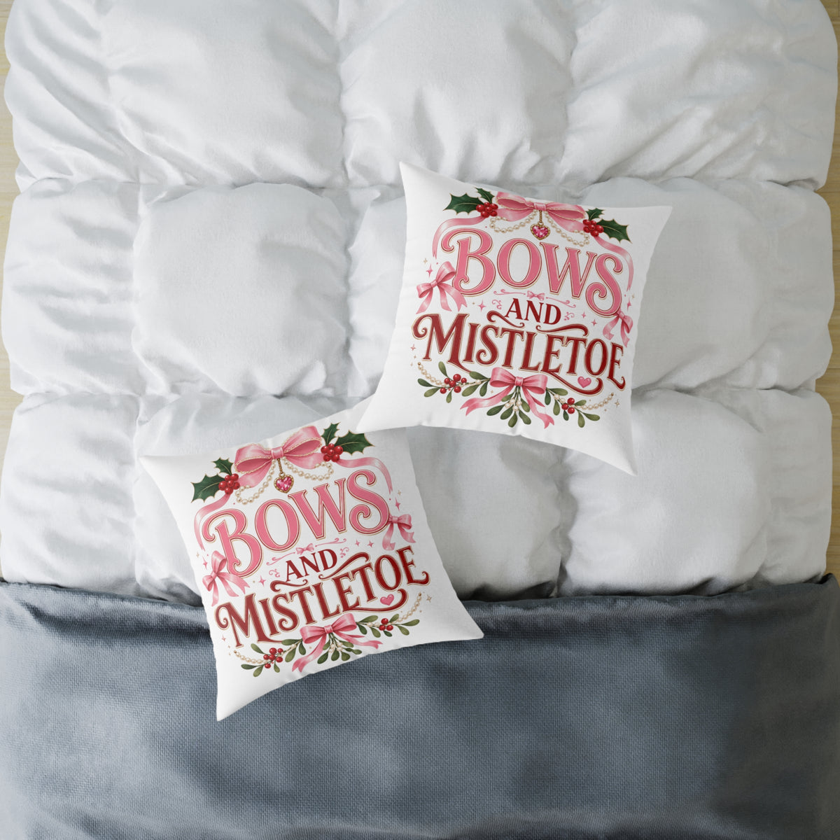 Christmas Bows And Mistletoe Square Poly Canvas Pillow