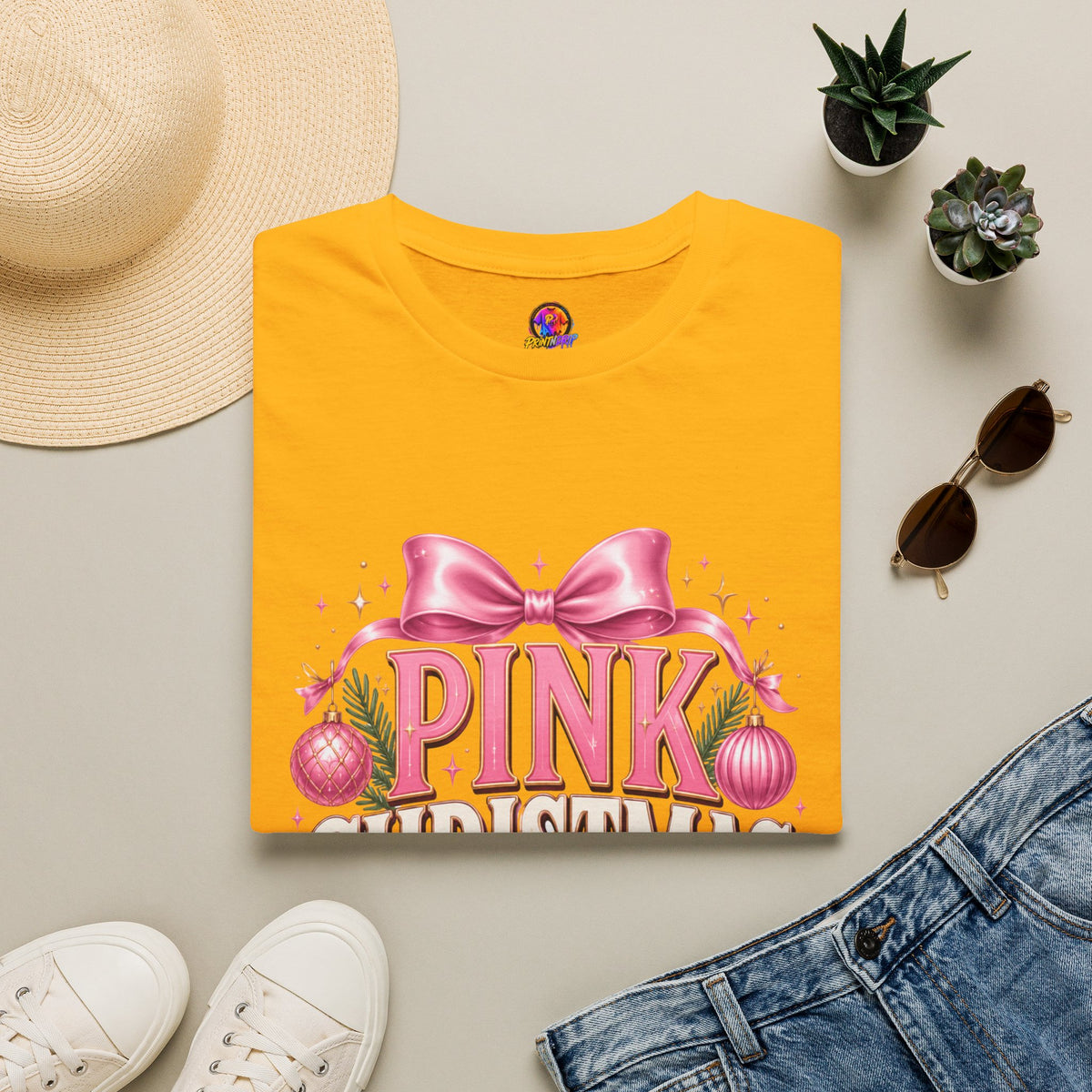 Pink Christmas Club T-Shirt — Womens Festive Holiday Tee with Bow & Ornaments