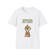"Grown Man Doll Energy" Retro Toy Robot Graphic Tee - Funny Ironic Gamer White T-Shirt - Trending Now - September 2026