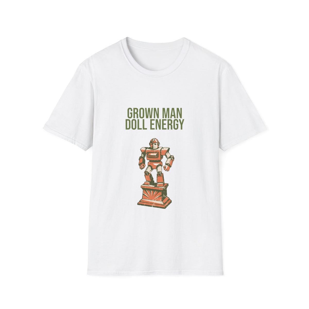 "Grown Man Doll Energy" Retro Toy Robot Graphic Tee - Funny Ironic Gamer White T-Shirt - Trending Now - September 2026
