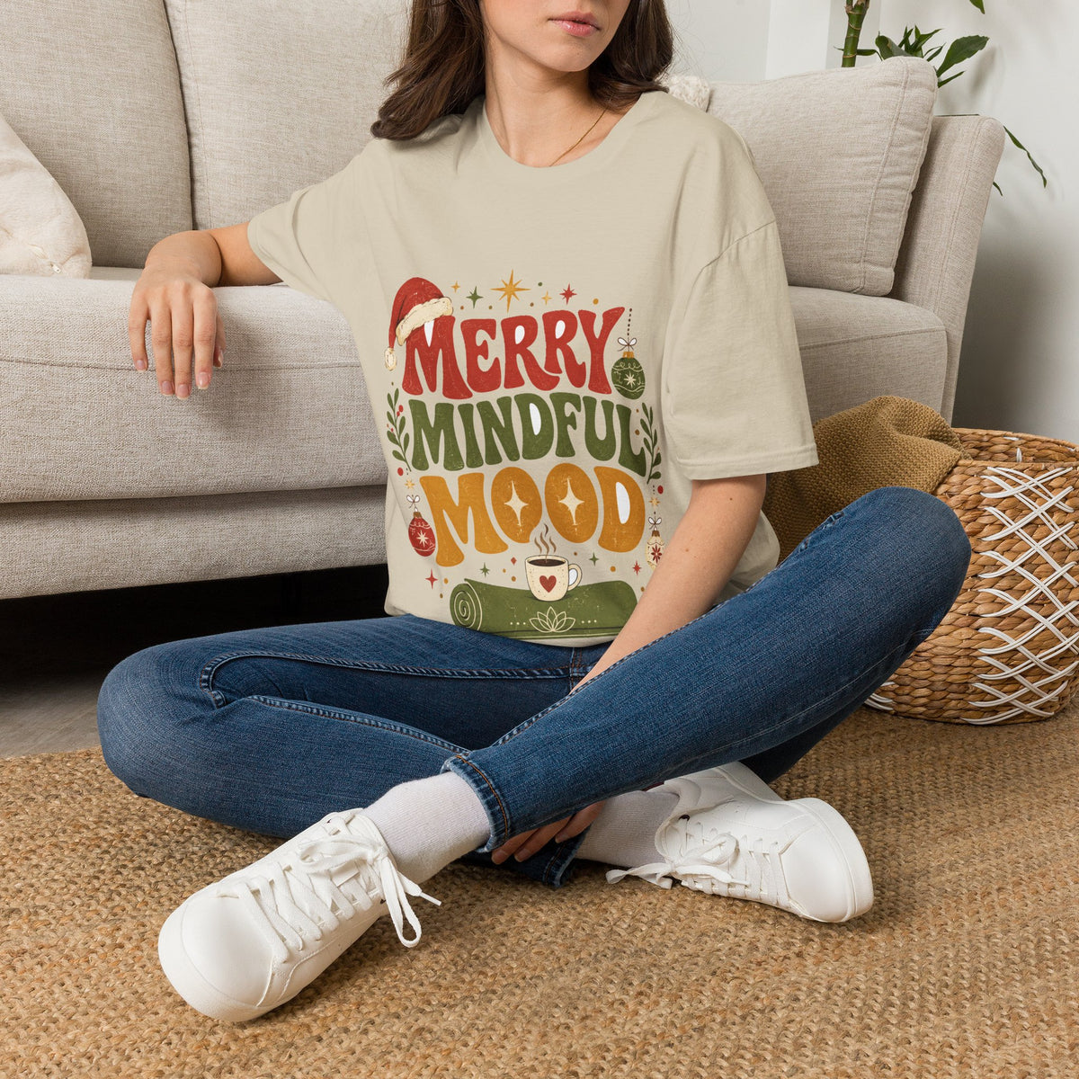 Merry Mindful Mood T-Shirt — Cozy Holiday Christmas Graphic Tee