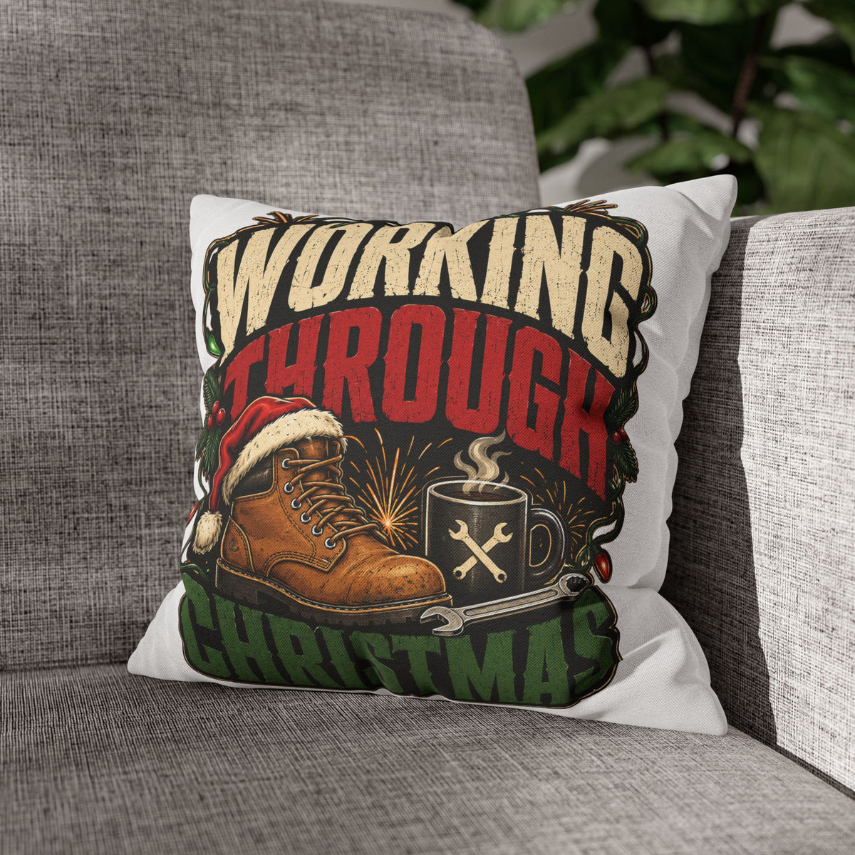 Christmas Work Boots Pillowcase Modern Day Christmas  – "Working Through Christmas" Holiday Throw Pillow Cover