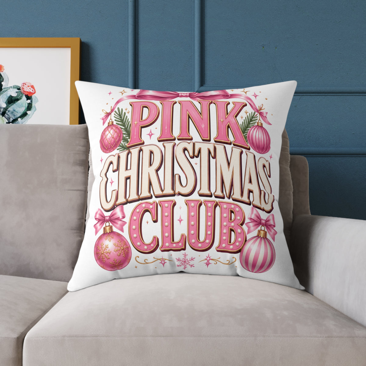 Pink Christmas Club Throw Pillow — Festive Pink Holiday Decorative Cushion