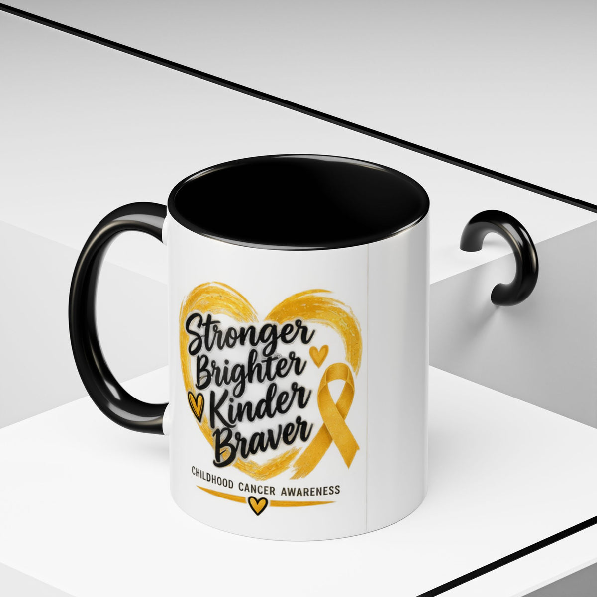Childhood Cancer Awareness Accent Coffee Mug — "Stronger Brighter Kinder Braver"