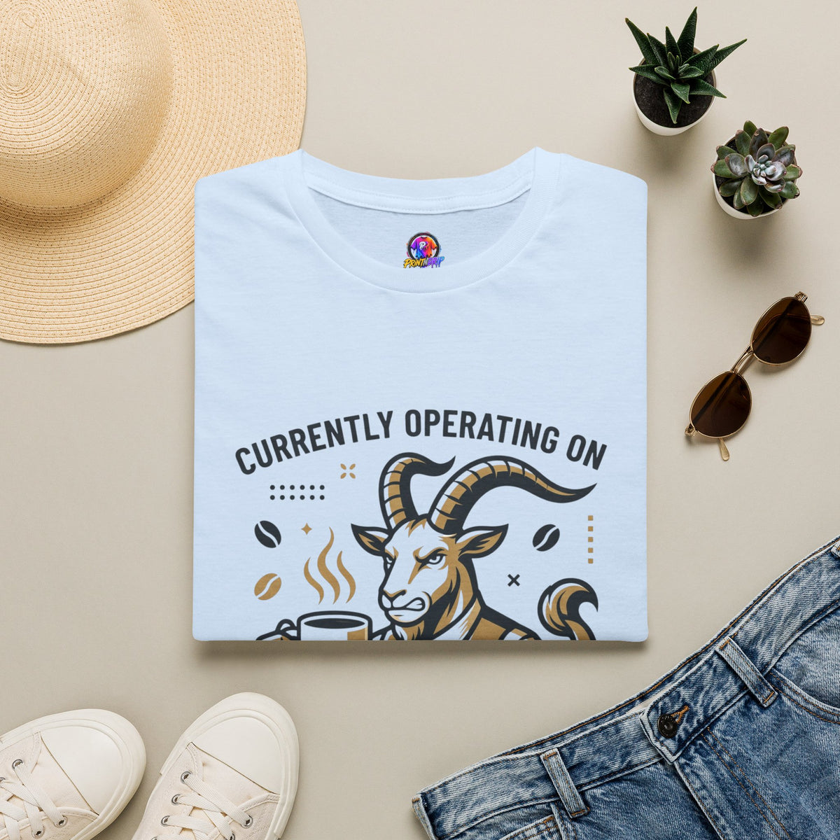 Capricorn T-Shirt — "Currently Operating on Caffeine and Spite" Zodiac Goat Tee