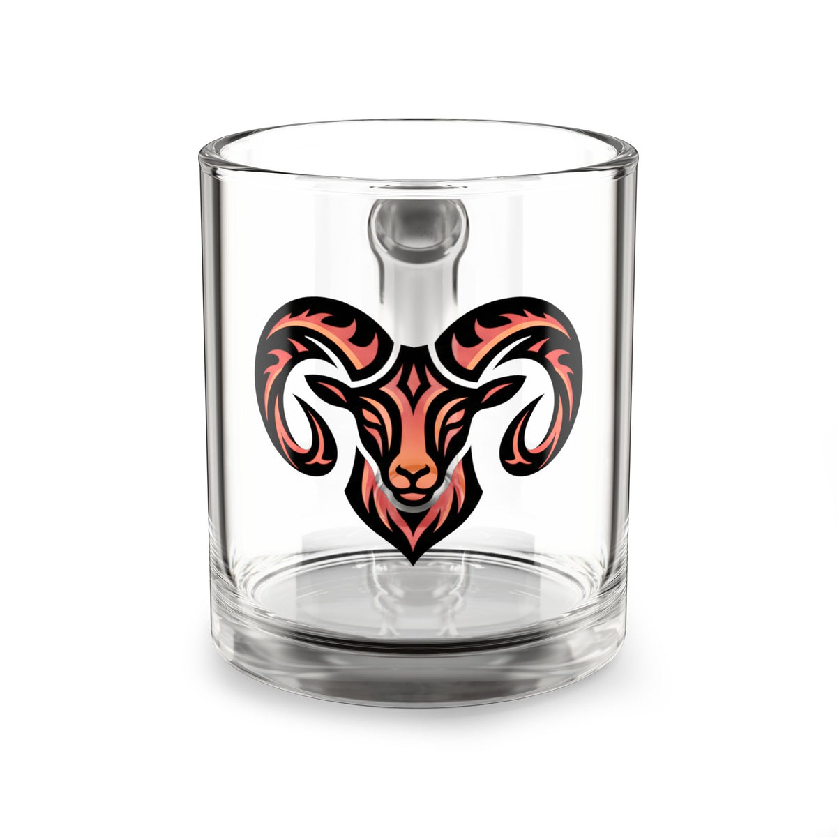 Aries Ram Head Glass Mug — Bold Tribal Aries Coffee Cup (10 oz)