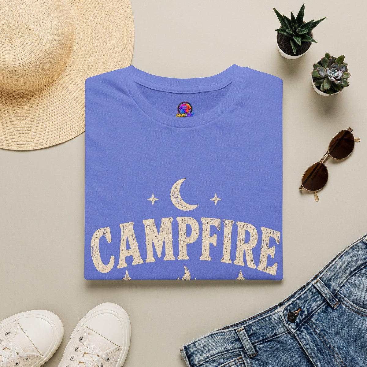 Campfire After Dark T-Shirt — Cozy Camping Moon & Trees Graphic