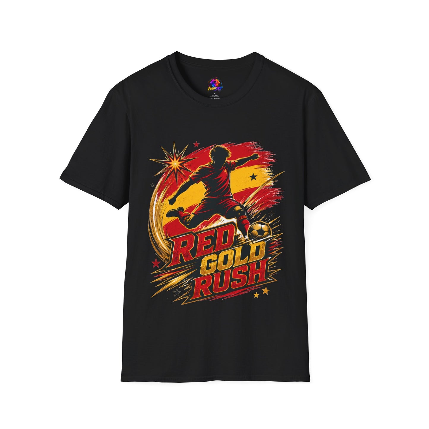 Spain Red & Gold Rush Soccer T-Shirt — Retro Soccer Player Graphic