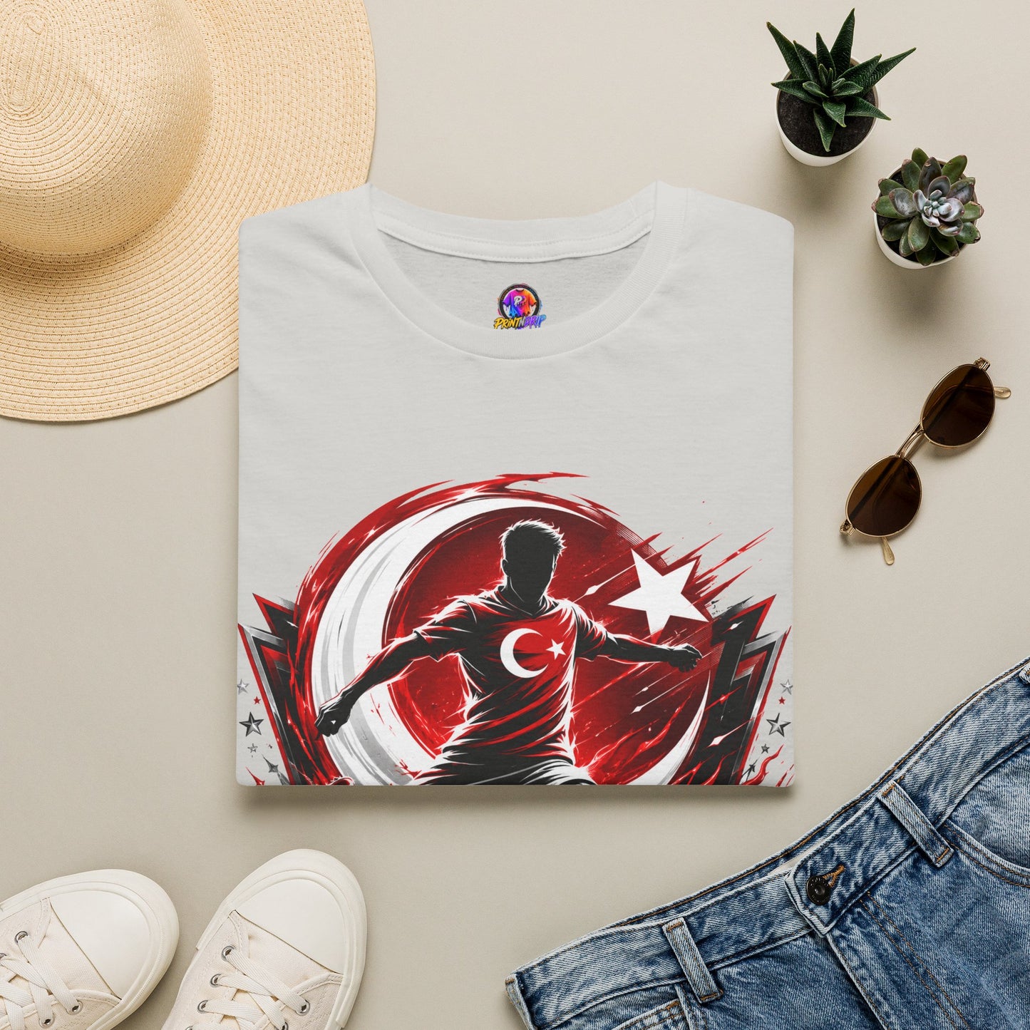Turkey Crimson Flame Soccer T-Shirt — Turkish Crescent & Star Football Fan Tee