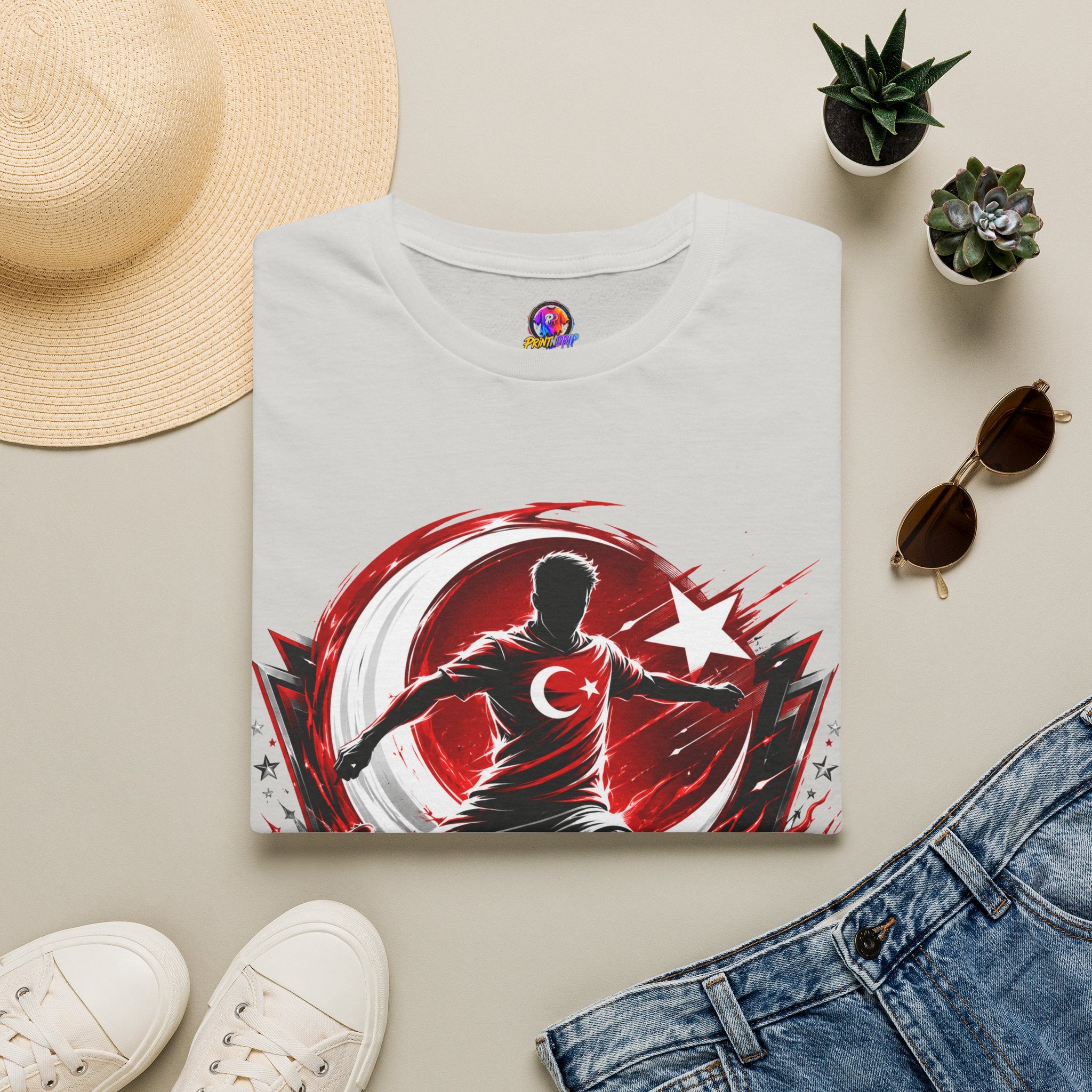 Turkey Crimson Flame Soccer T-Shirt — Turkish Crescent & Star Football Fan Tee