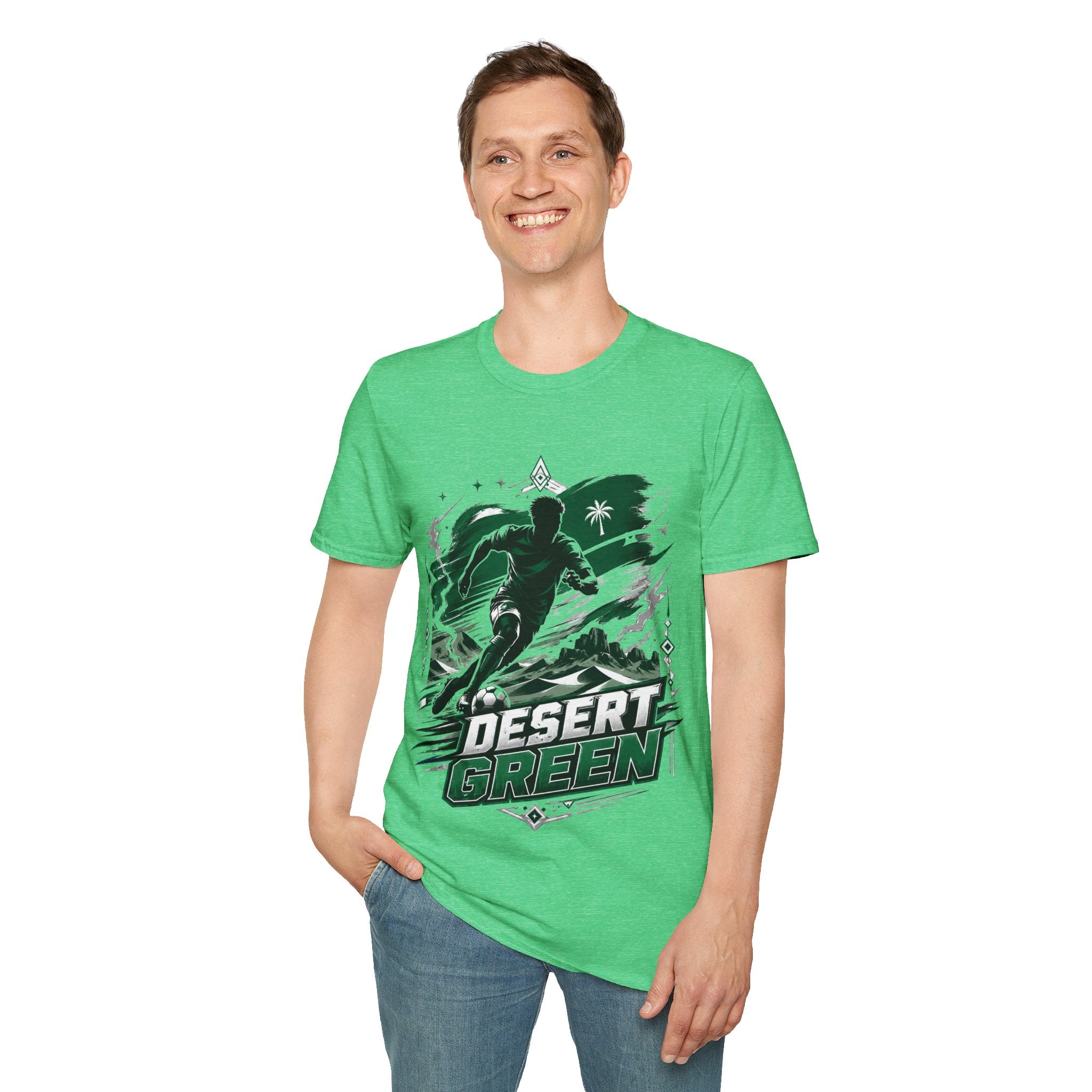 Saudi Arabia Desert Green Soccer T-Shirt — Silhouette Player Graphic