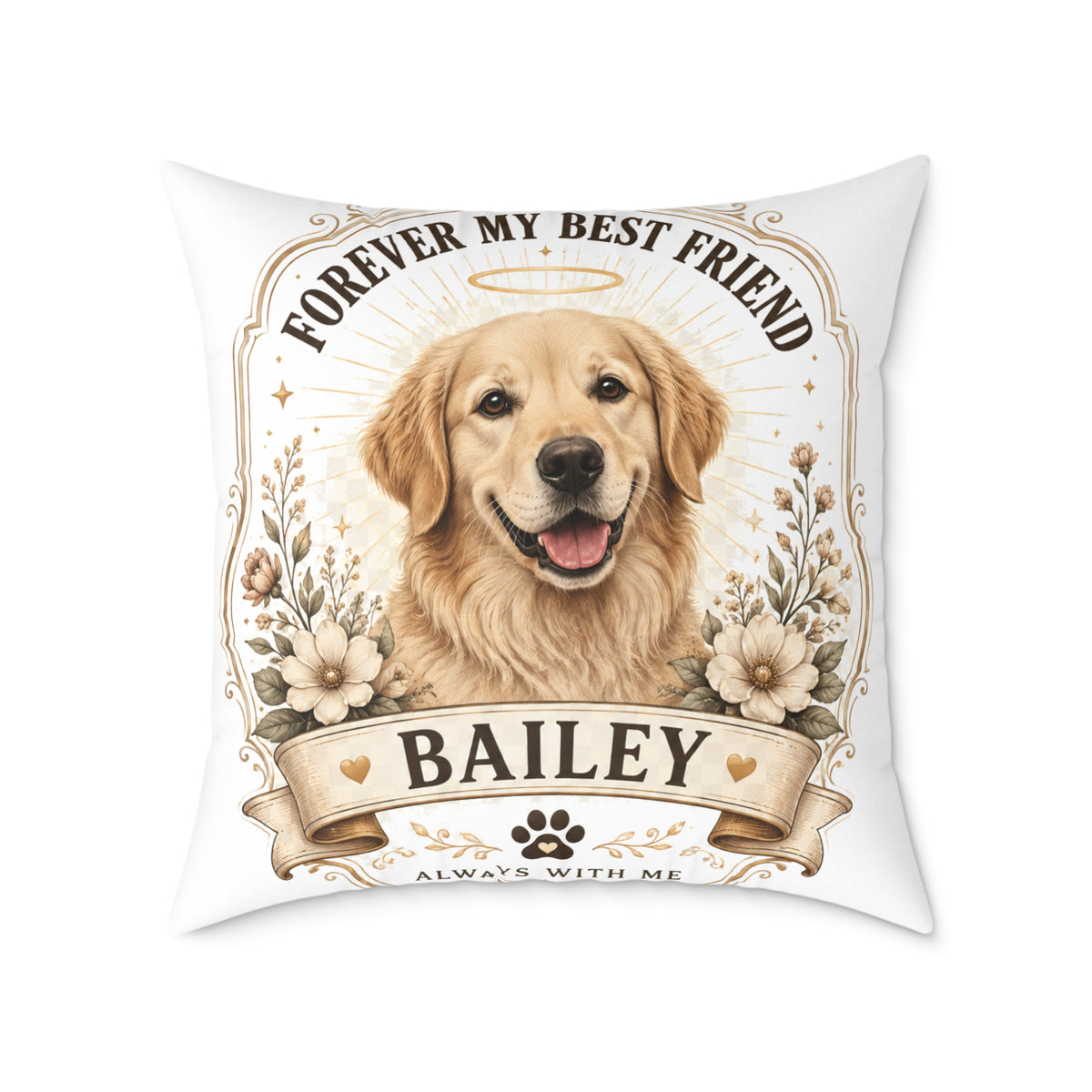 Milo Bailey Dog Dad Mom Golden Retriever Throw Pillow — “Forever My Best Friend” Personalized Dog Pillow (Name: Bailey)