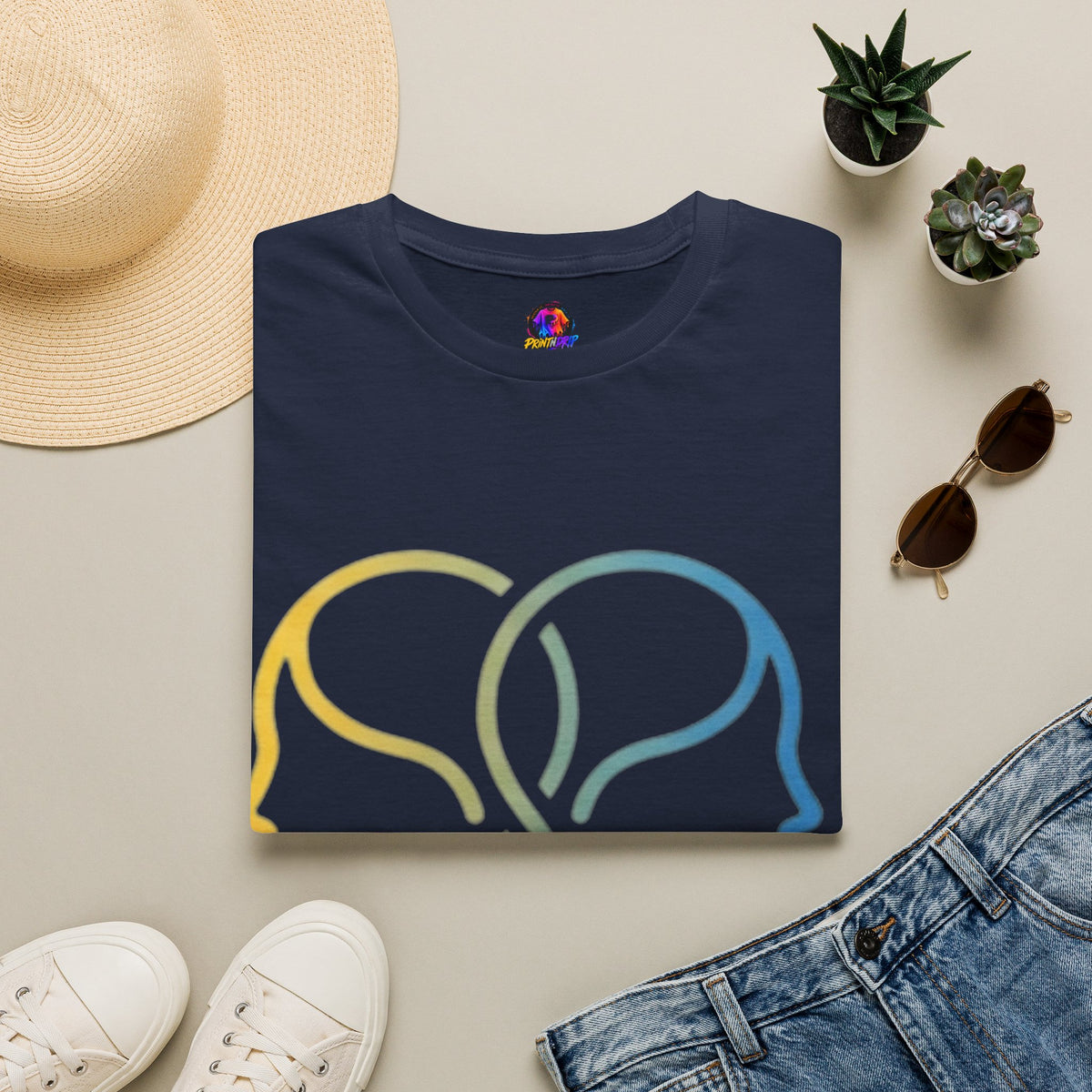 Twin Profile Line Art T‑Shirt — Gradient Sisterhood Outline Tee