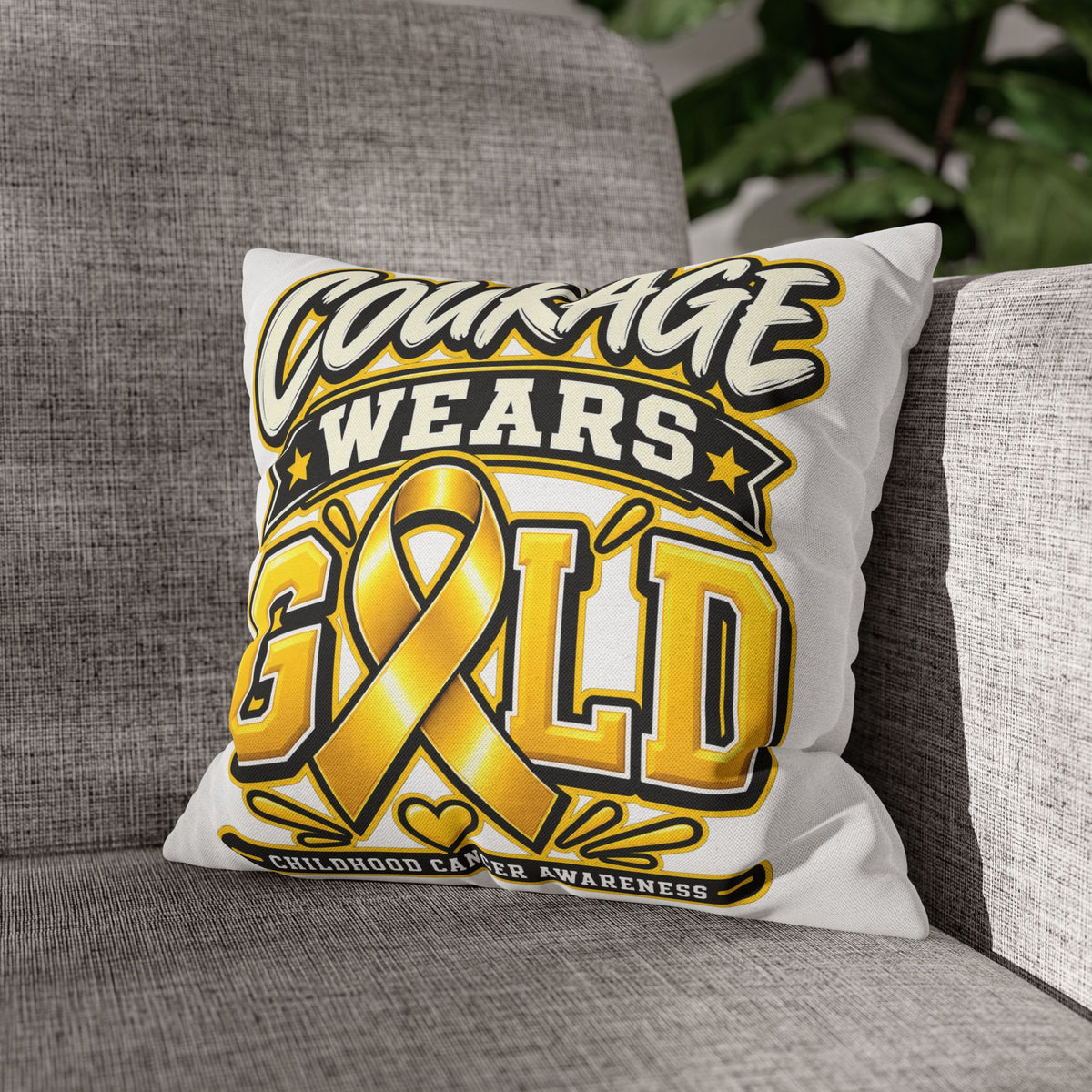 Courage Wears Gold Pillowcase – Childhood Cancer Awareness Cushion Cover