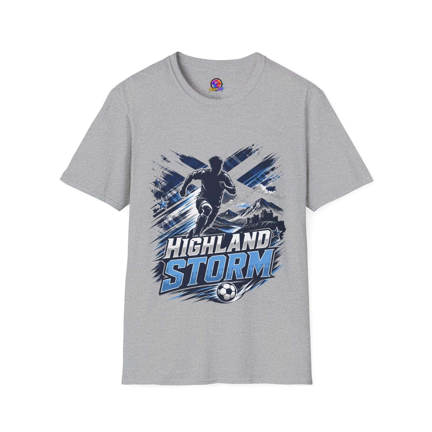 Scotland Highland Storm Soccer T-Shirt — Mountain Soccer Player Graphic Tee