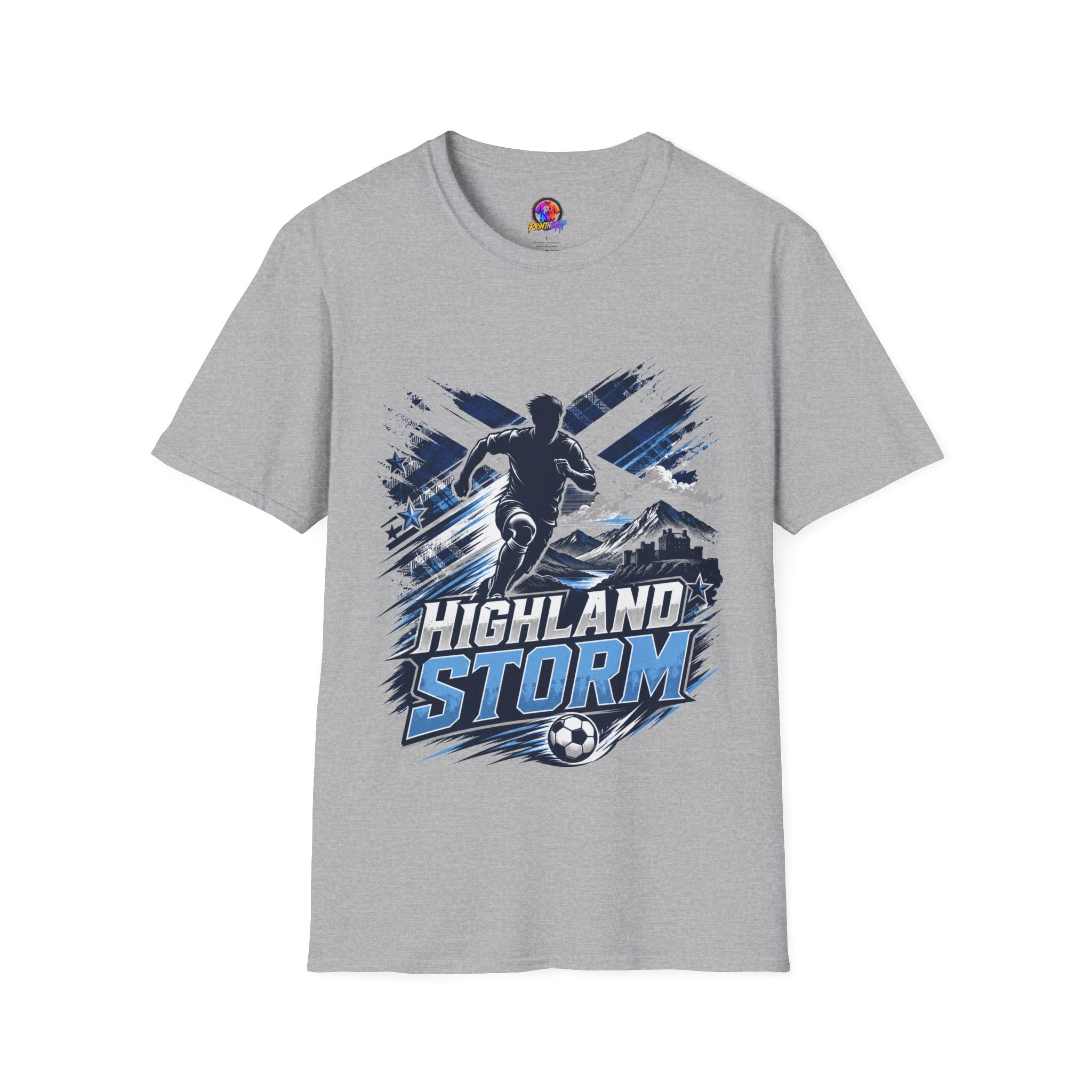 Scotland Highland Storm Soccer T-Shirt — Mountain Soccer Player Graphic Tee