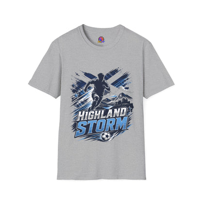Scotland Highland Storm Soccer T-Shirt — Mountain Soccer Player Graphic Tee