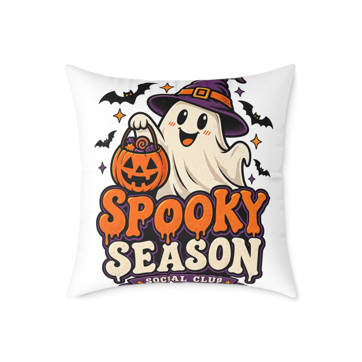 Spooky Season Halloween Pillow - Cute Ghost & Pumpkin Square Throw Pillow