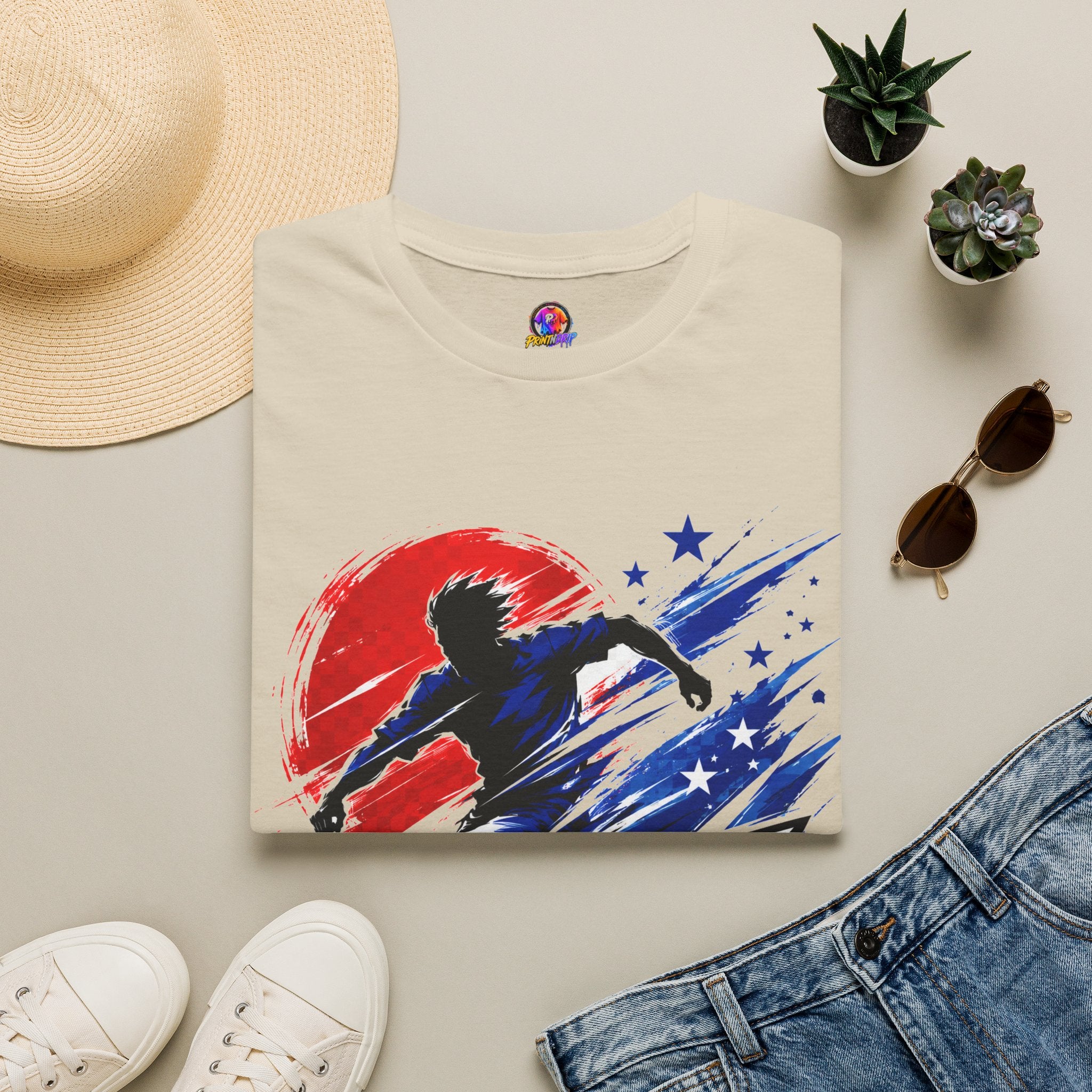 Japan T-Shirt — Blue Blade Soccer Graphic Tee (Red & Blue Starburst)