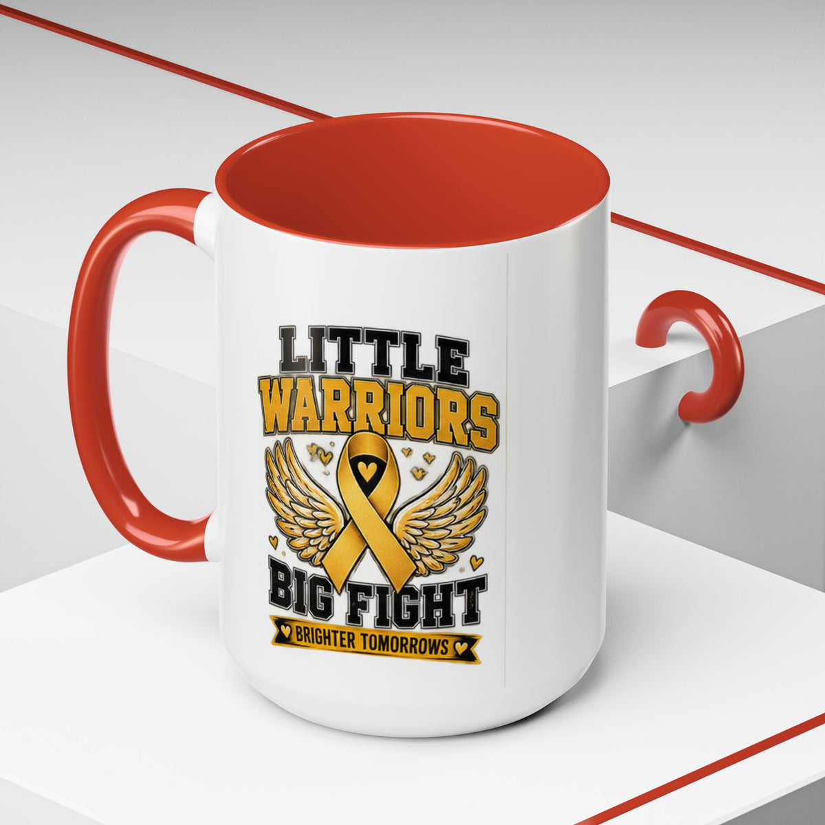 Little Warriors Big Fight Childhood Cancer Awareness Coffee Mug — Gold Ribbon Support Accent Mug