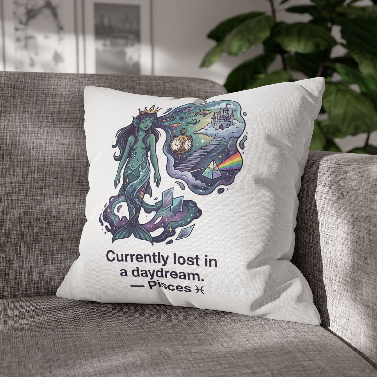 Pisces Mermaid Pillowcase — "Currently Lost in a Daydream" Decorative Throw Pillow