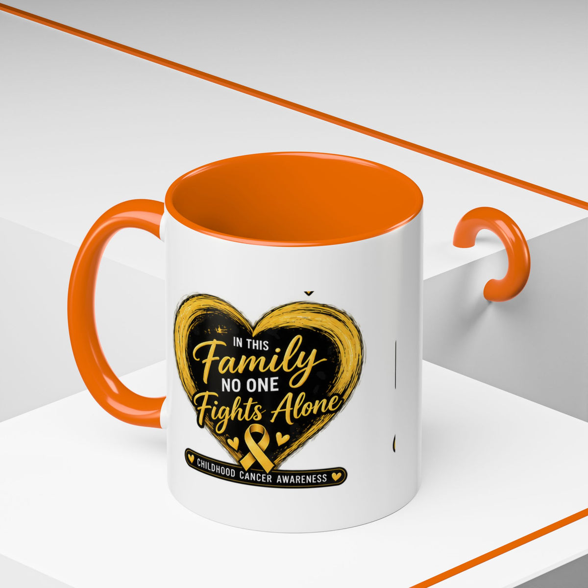 Childhood Cancer Awareness Accent Coffee Mug — "In This Family No One Fights Alone"