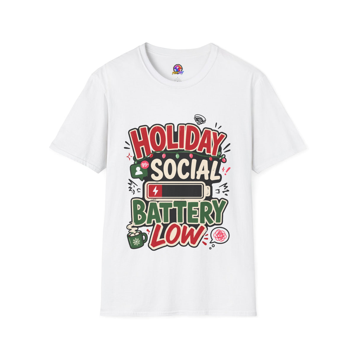 Holiday Social "Battery Low" T‑Shirt — Funny Festive Party Tee for Introverts & Holiday Gatherings