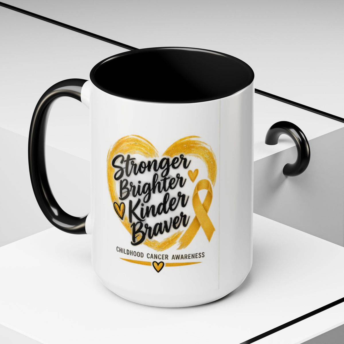 Childhood Cancer Awareness Accent Coffee Mug — "Stronger Brighter Kinder Braver"