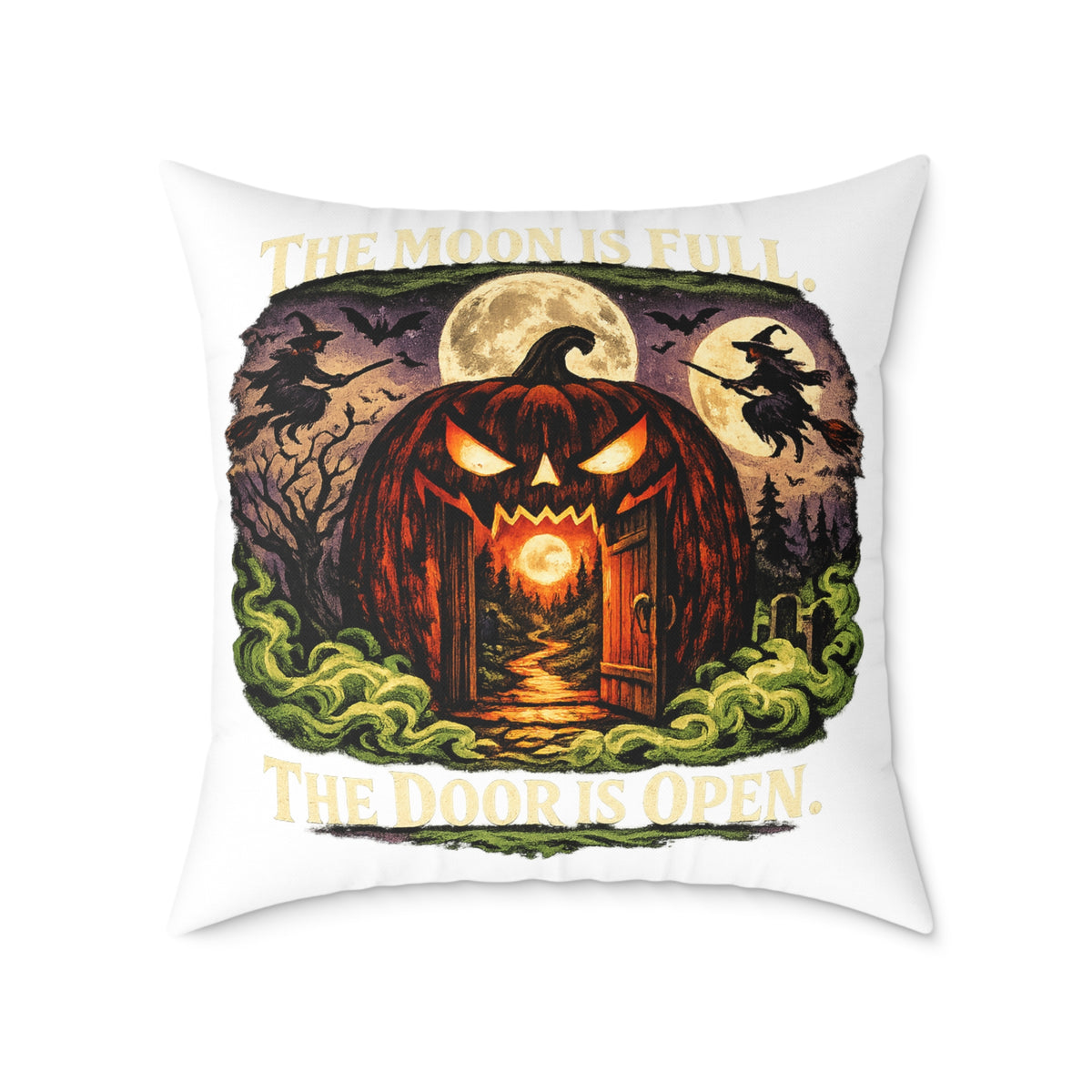 Halloween Pumpkin Doorway Square Pillow — Spooky Haunted House Decorative Throw Pillow