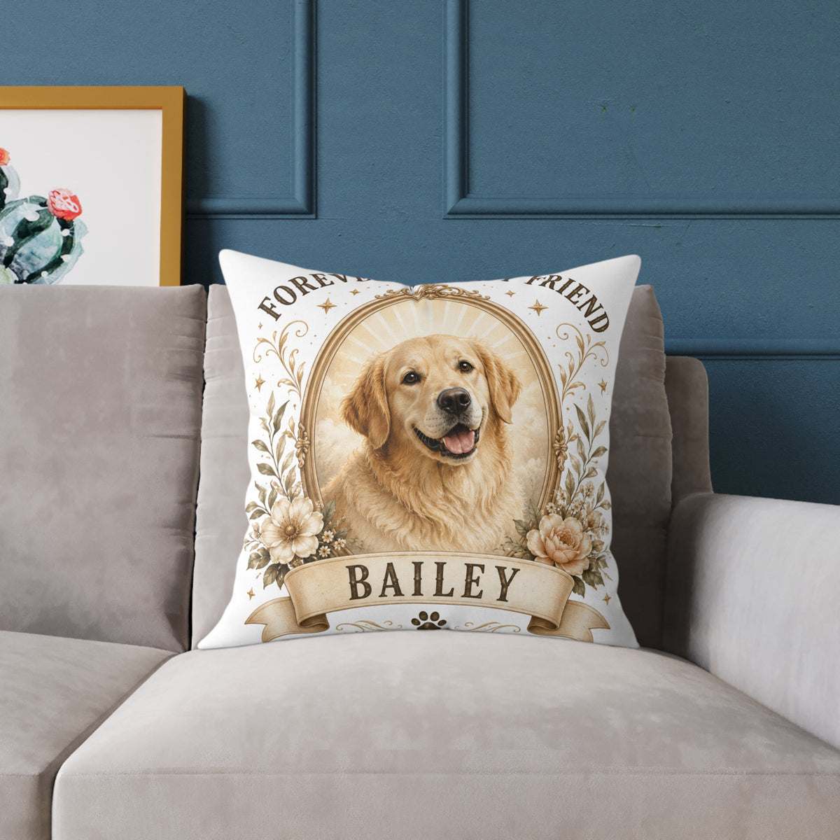 Pet Memorial Pillow Milo Bailey Dog Dad Mom— Personalized "Bailey" Golden Retriever Tribute Square Pillow