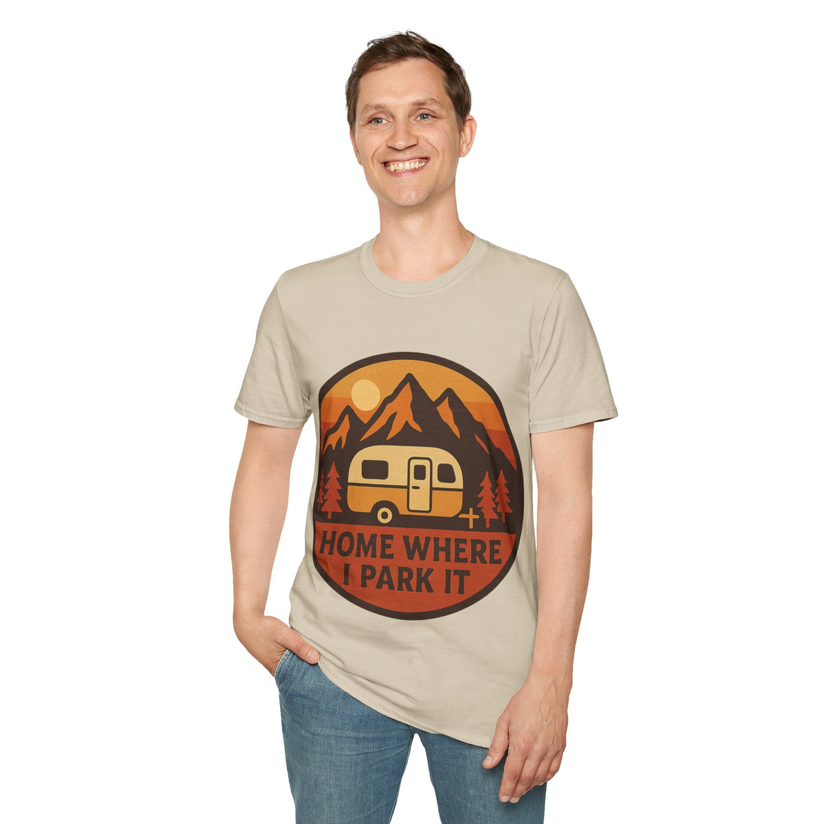 "Home Where I Park It" Vintage Camper Van Graphic Tee - Retro Sunset Mountain White T-Shirt - Trending Now - September 2026