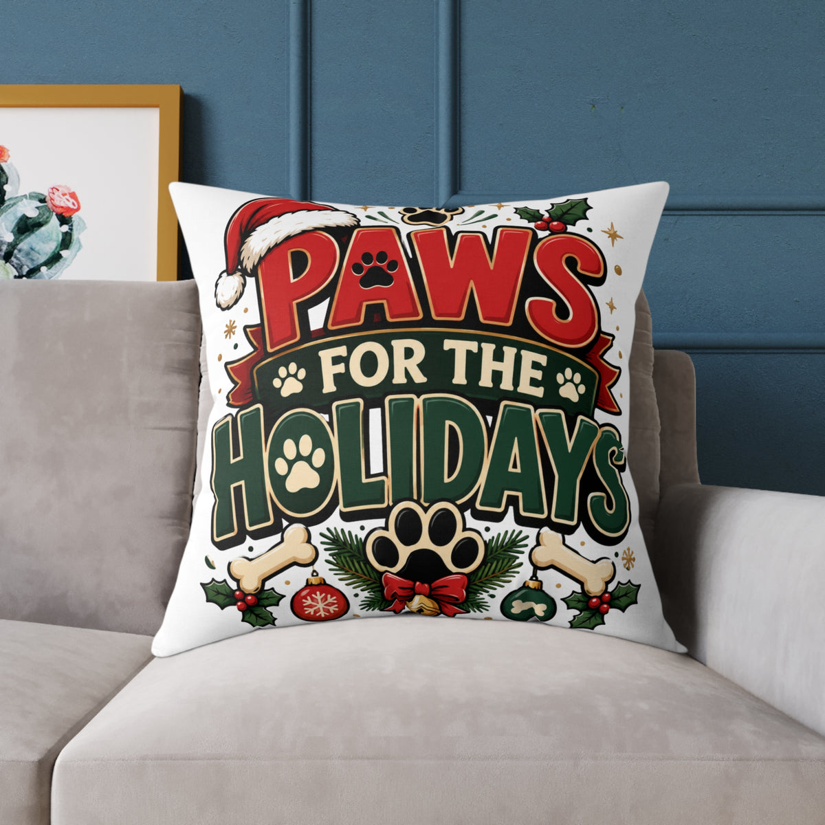 Christmas Paws for the Holidays Square Pillow — Festive Pet Christmas Decor
