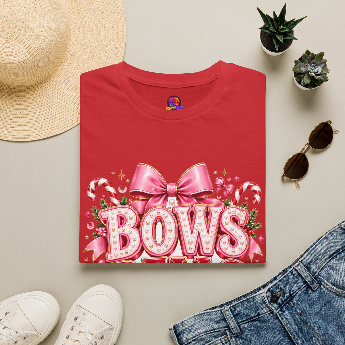 Bows Bells Bliss Christmas T‑Shirt — Pink Holiday Bow Graphic
