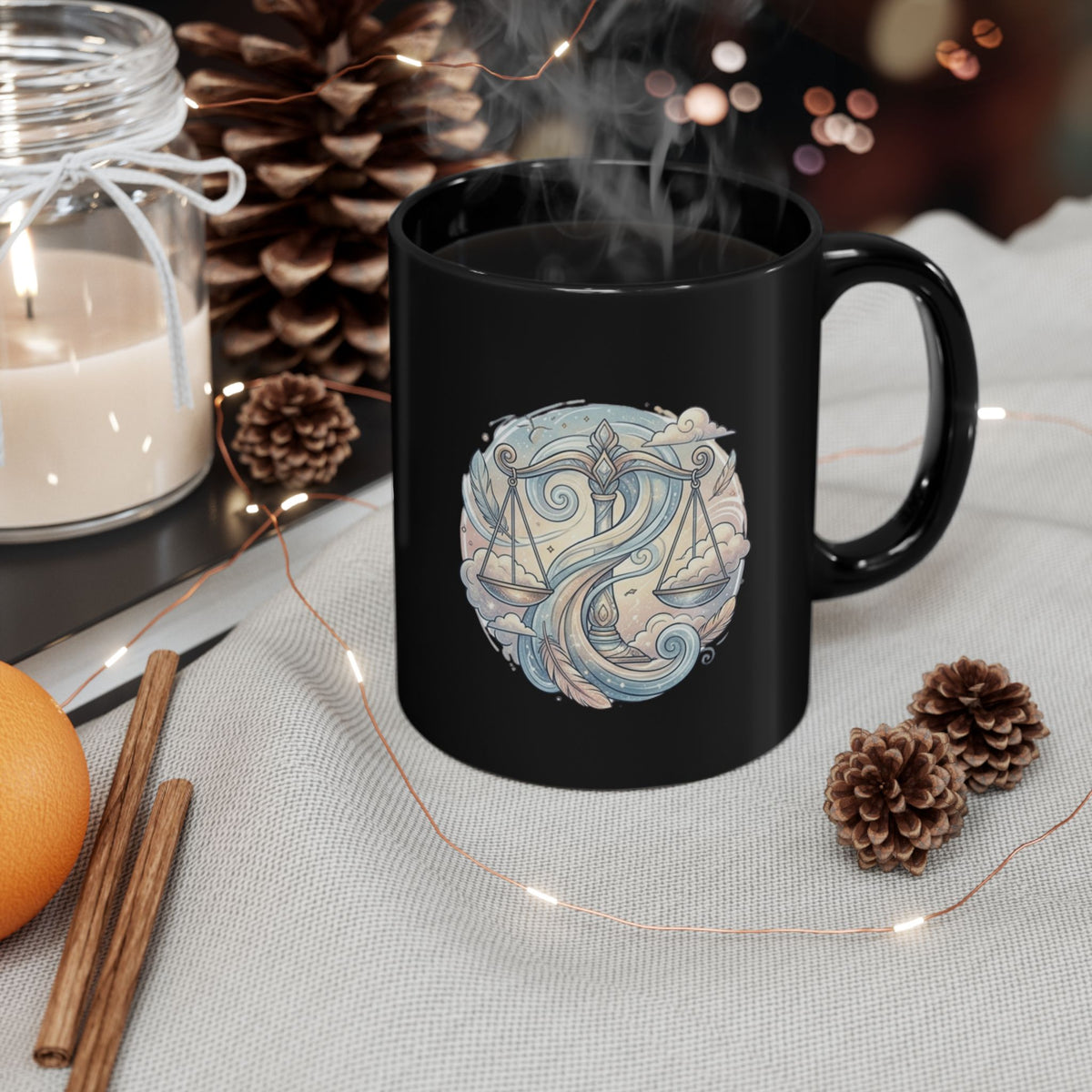 Libra Zodiac Black Coffee Mug — Scales & Waves Astrology Design
