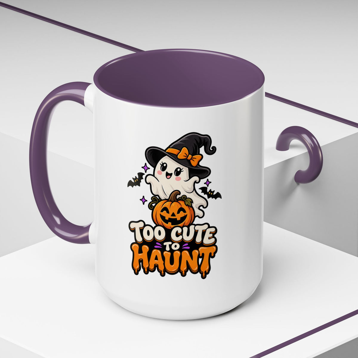 Halloween Coffee Mug - 'Too Cute to Haunt' Ghost Pumpkin Accent Mug