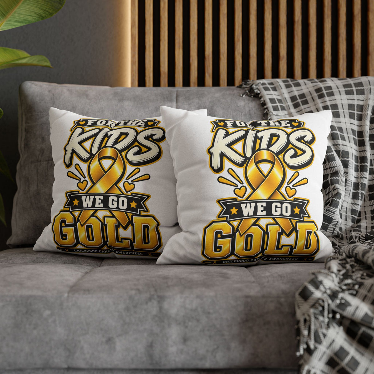 “For the Kids We Go Gold” Awareness Pillowcase — Childhood Cancer Ribbon Throw Pillow
