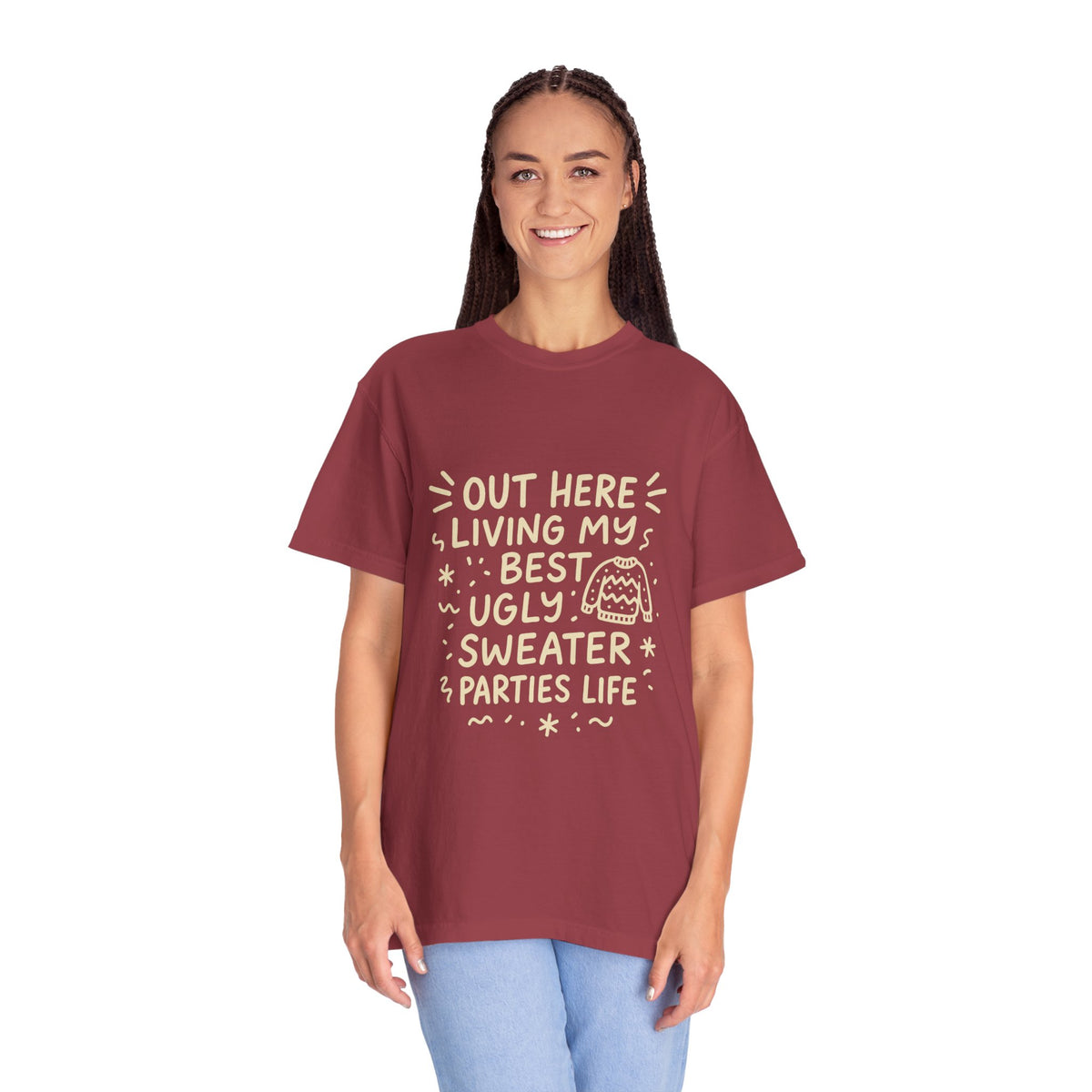 Out Here Living My Best Ugly Sweater Parties Life T-Shirt - Trending Now - October 2026