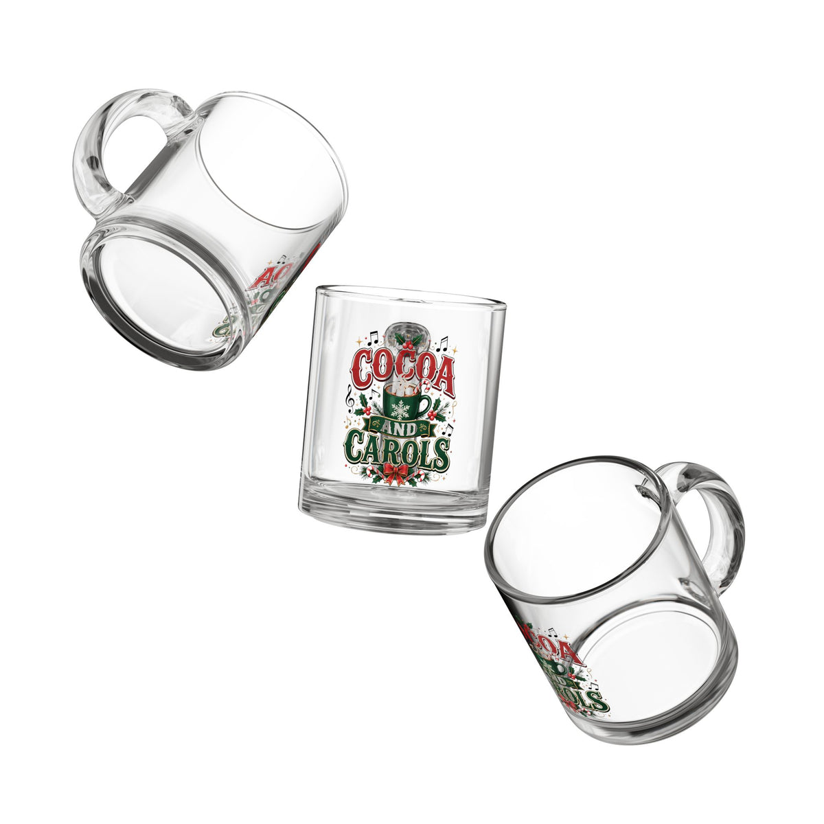 Christmas Glass Mug 10 oz Cocoa and Carols 10oz Glass Mug — Festive Holiday Hot Cocoa Cup