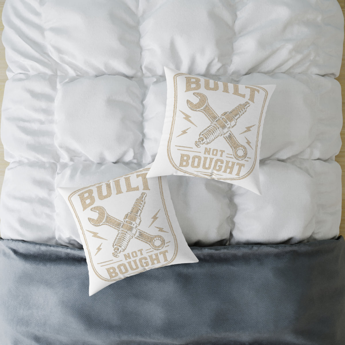 Built Not Bought Pillow Milo Bailey Dog Dad Mom — Automotive Wrench & Spark Plug Decorative Throw Pillow