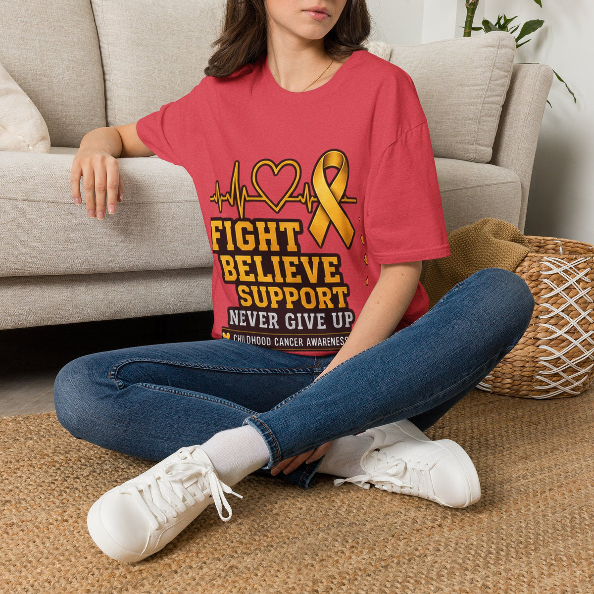 Childhood Cancer Awareness T-Shirt – "Fight Believe Support Never Give Up" Gold Ribbon Tee