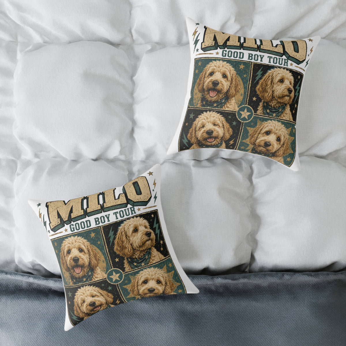 Milo "Good Boy Tour" Dog Photo Square Throw Pillow  Milo Bailey Dog Dad Mom