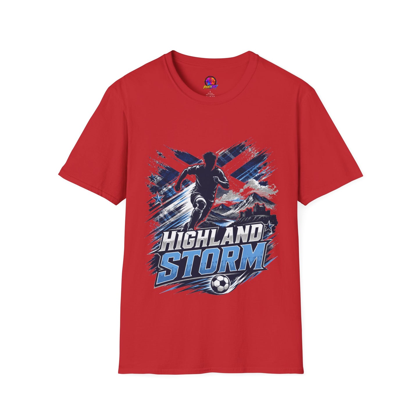 Scotland Highland Storm Soccer T-Shirt — Mountain Soccer Player Graphic Tee