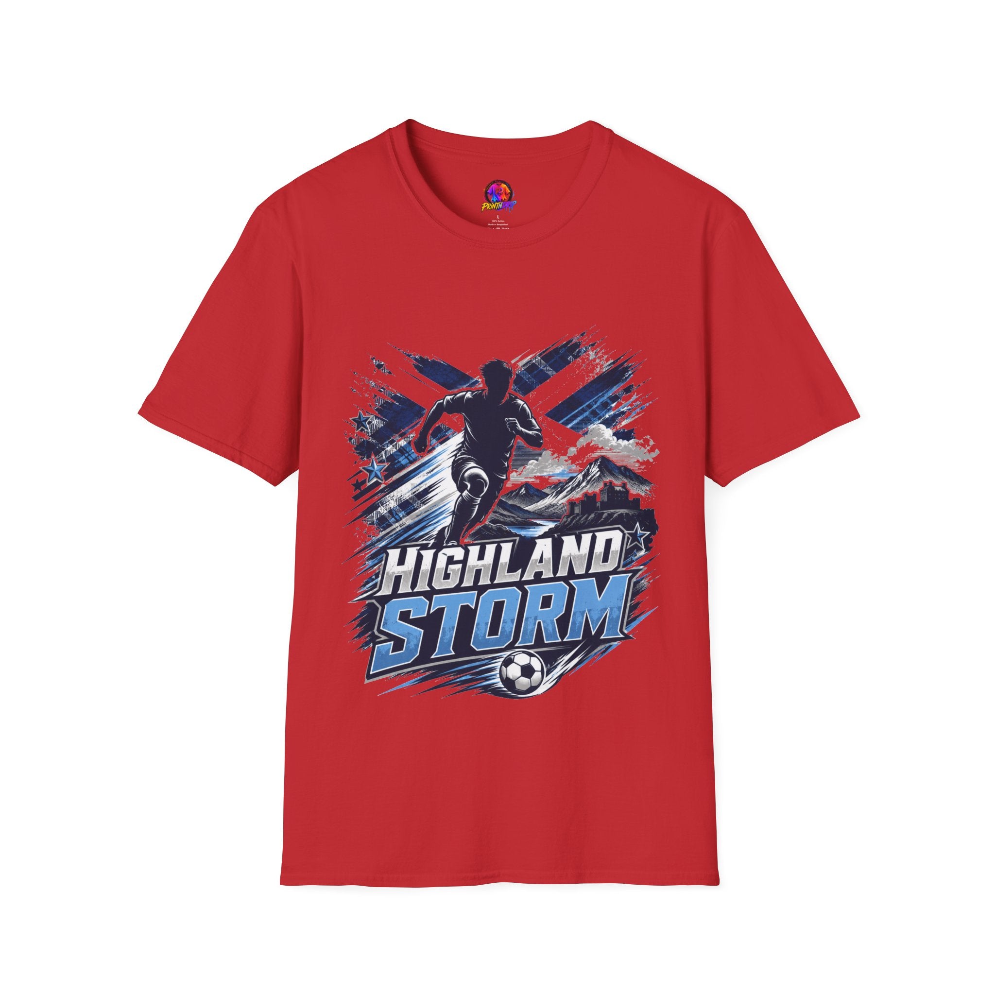 Scotland Highland Storm Soccer T-Shirt — Mountain Soccer Player Graphic Tee