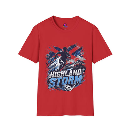 Scotland Highland Storm Soccer T-Shirt — Mountain Soccer Player Graphic Tee