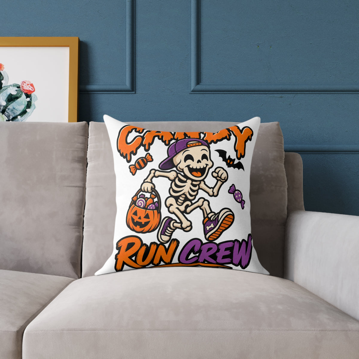 Candy Run Crew Halloween Pillow — Skeleton Trick-or-Treat Decorative Throw Pillow