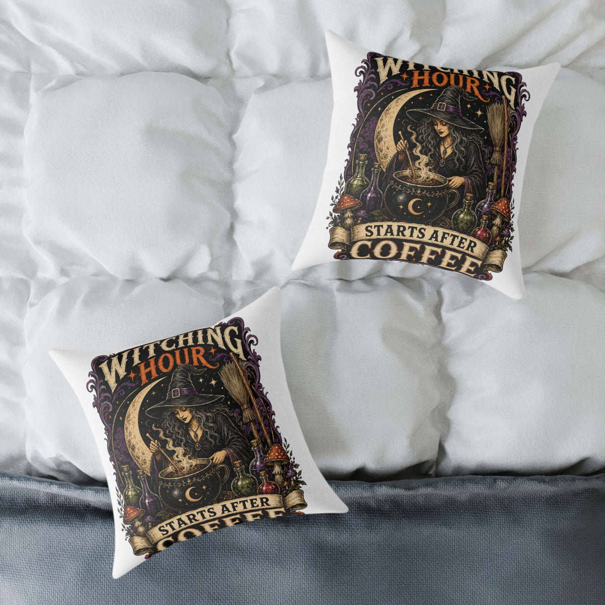 Halloween Witching Hour Pillow — 'Witching Hour Starts After Coffee' Gothic Witch Decorative Cushion