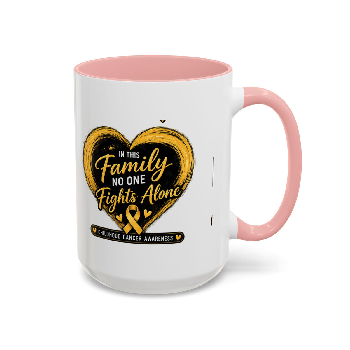 Childhood Cancer Awareness Accent Coffee Mug — "In This Family No One Fights Alone"